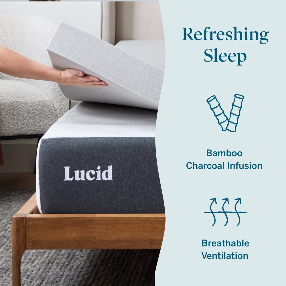 Lucid charcoal infused memory foam topper ventilation channels promote airflow.