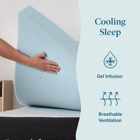 Lucid cooling gel memory foam topper on king bed, helps regulate temperature for comfortable sleep
