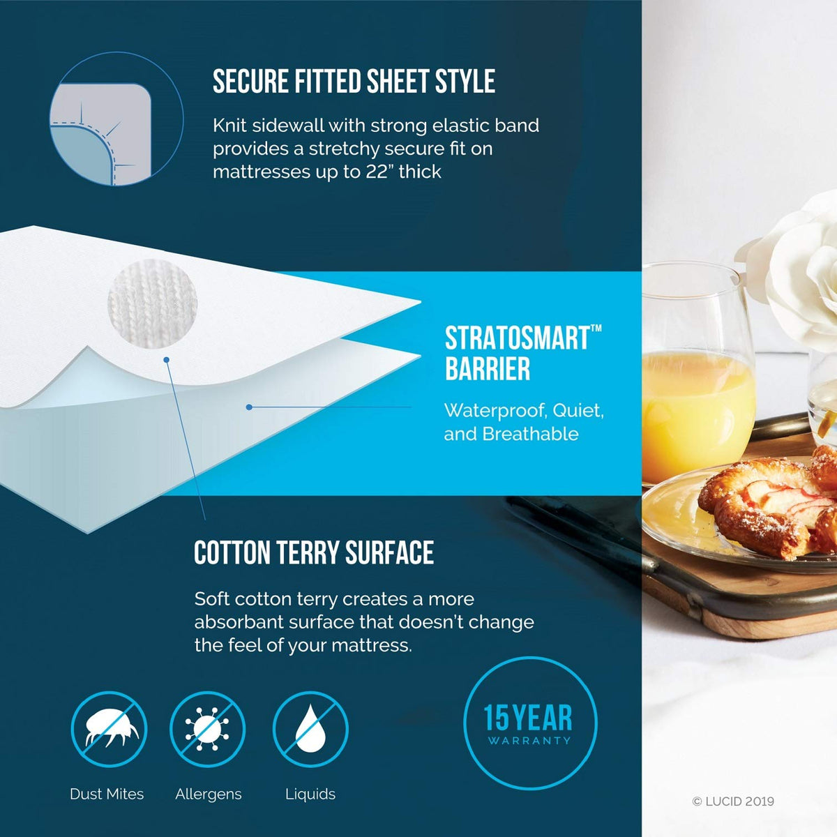 LUCID mattress protector cotton terry close-up demonstrating soft, silent surface