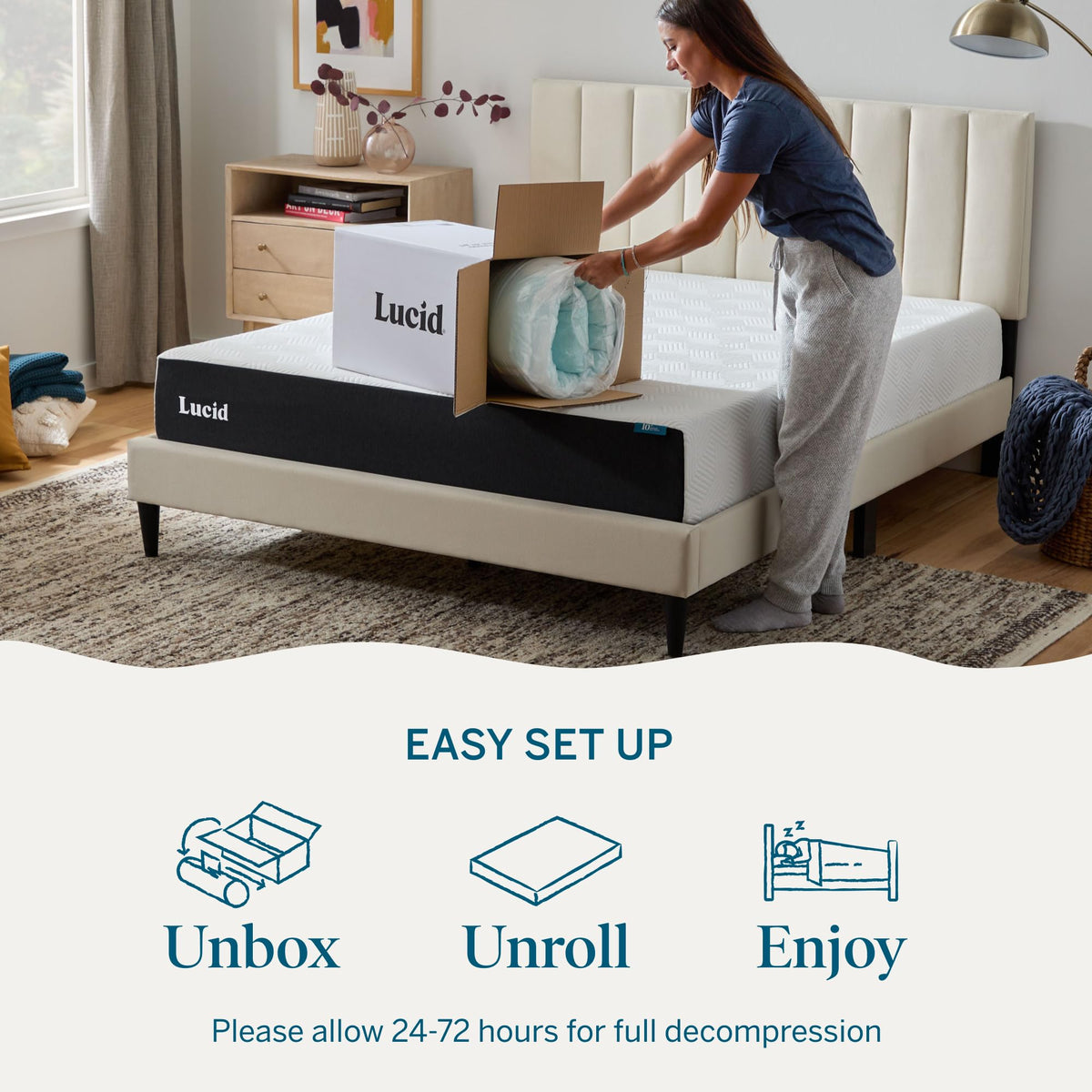 Lucid topper unrolled on mattress and decompressing for full loft within 24 to 48 hours