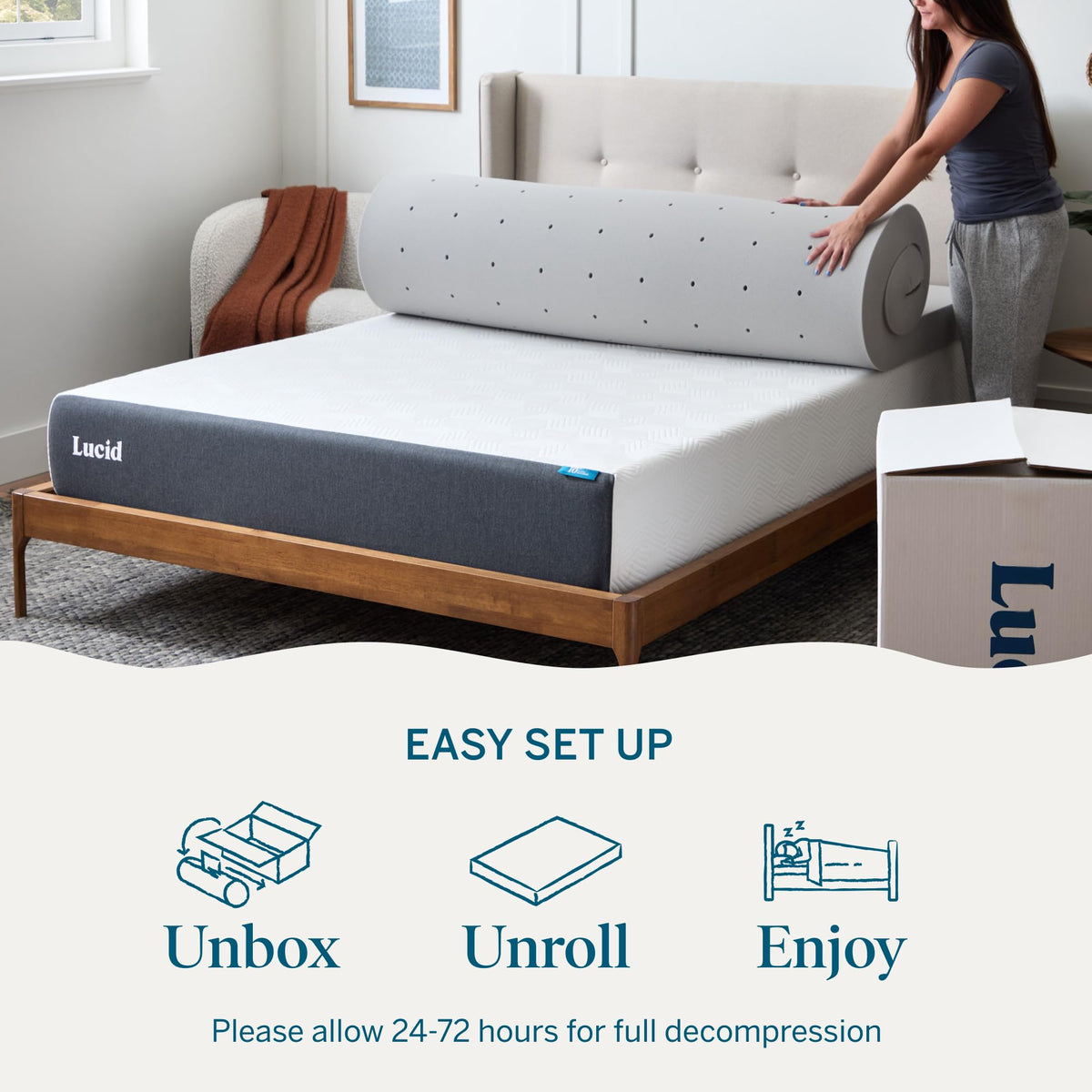 Lucid topper ships in a box for easy setup and storage.