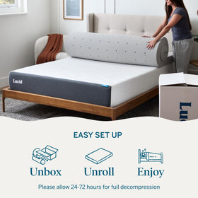 Lucid topper ships in a box for quick unroll and setup.