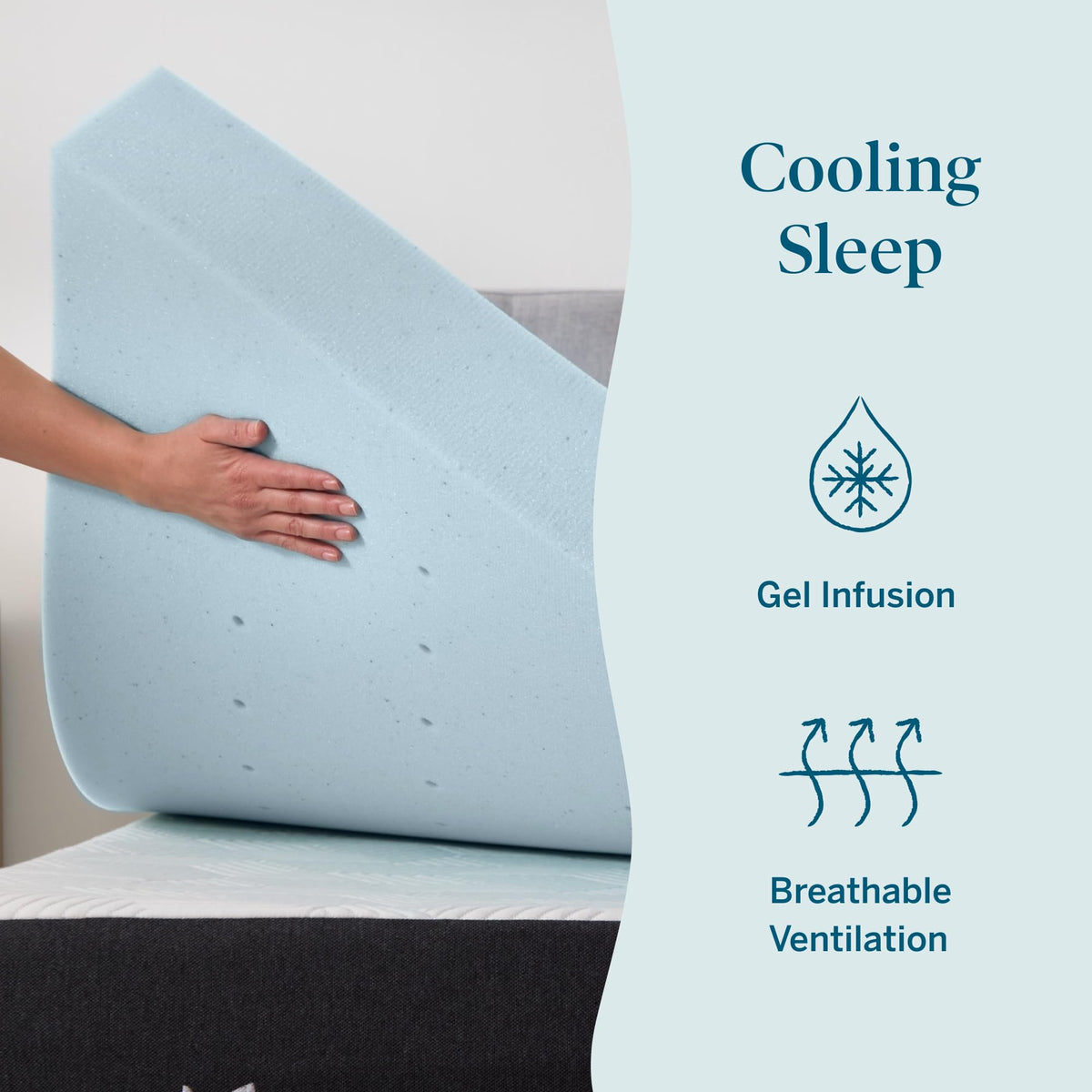 Topper unrolled on bed shows cooling gel and even support.