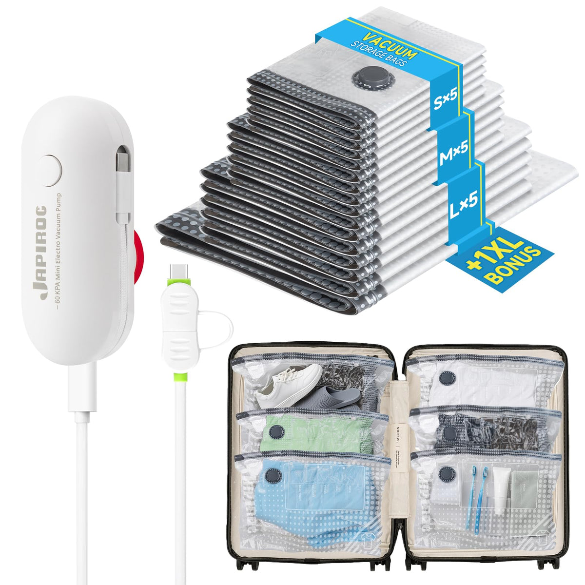 Luciteck travel vacuum bags with pump unit for easy on-the-go packing.