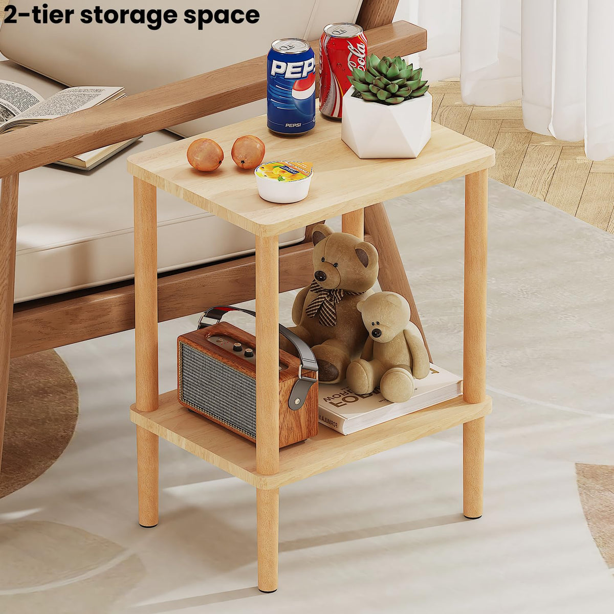 LUCKNOCK solid wood side table in a bedroom setup beside the bed