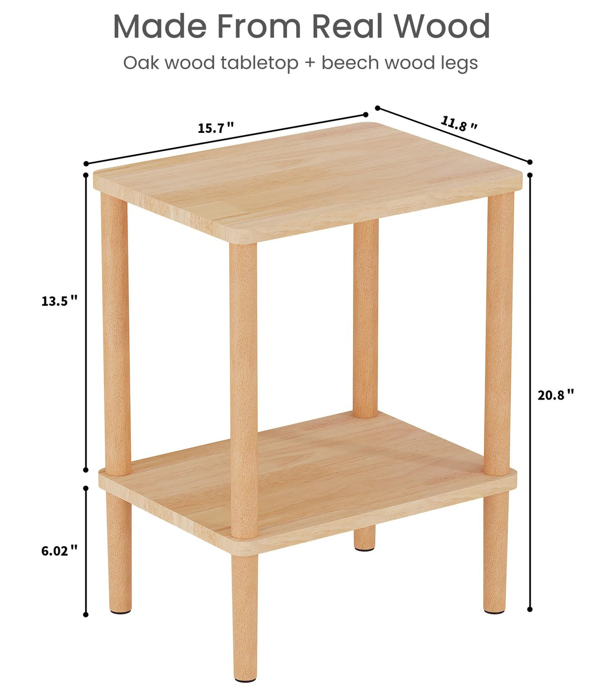 LUCKNOCK solid wood side table side view showing slim profile beside a sofa