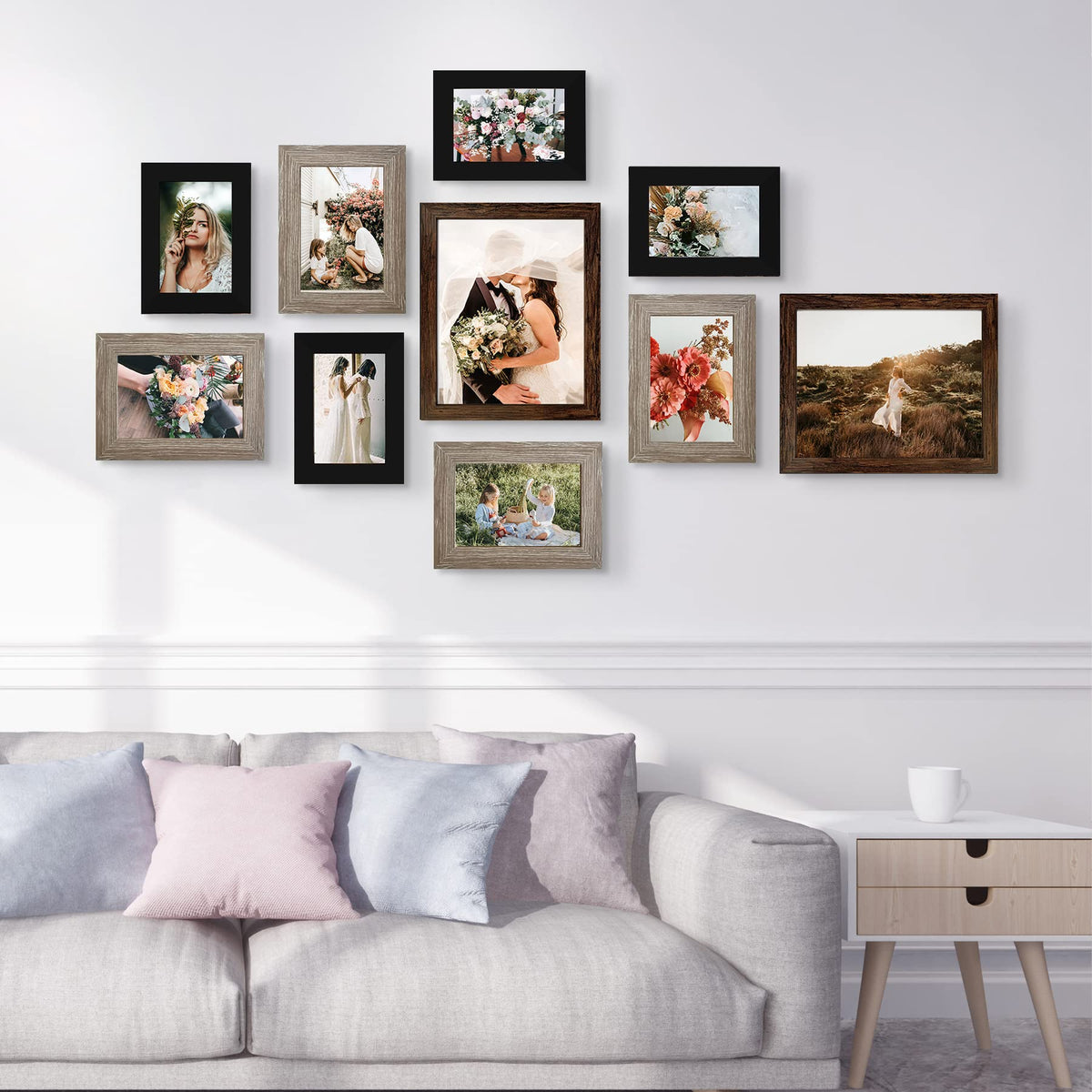 Wood-grain brown 8x10 frame close-up showing warm modern rustic vibe.