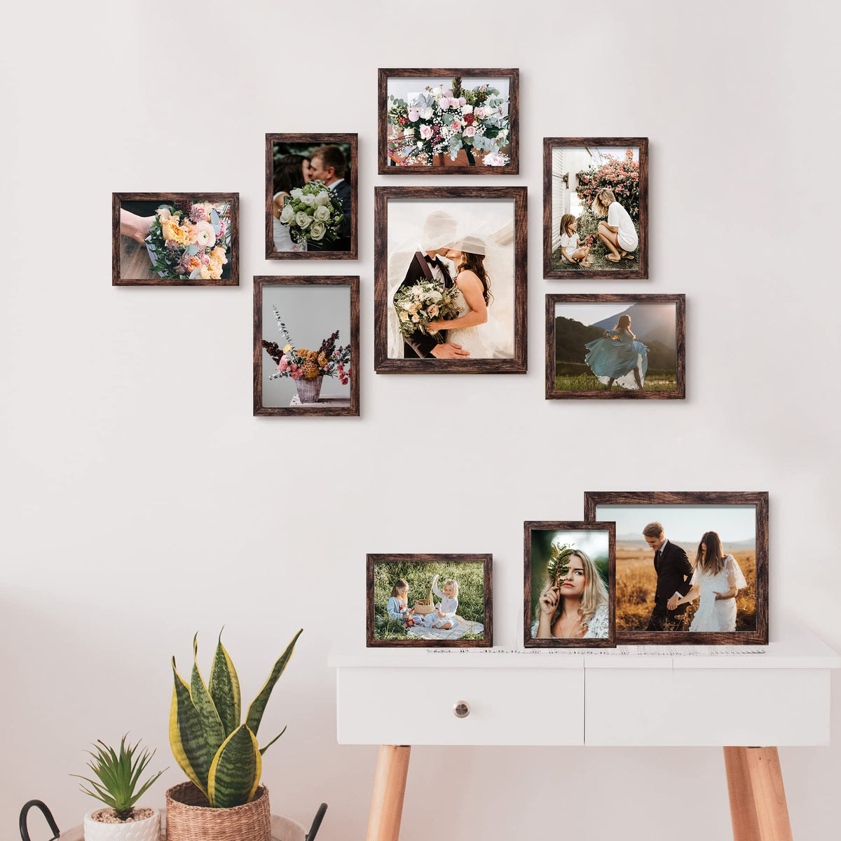 LUCKYLIFE 5x7 wall frame in brown complements photos with a warm, rustic touch.