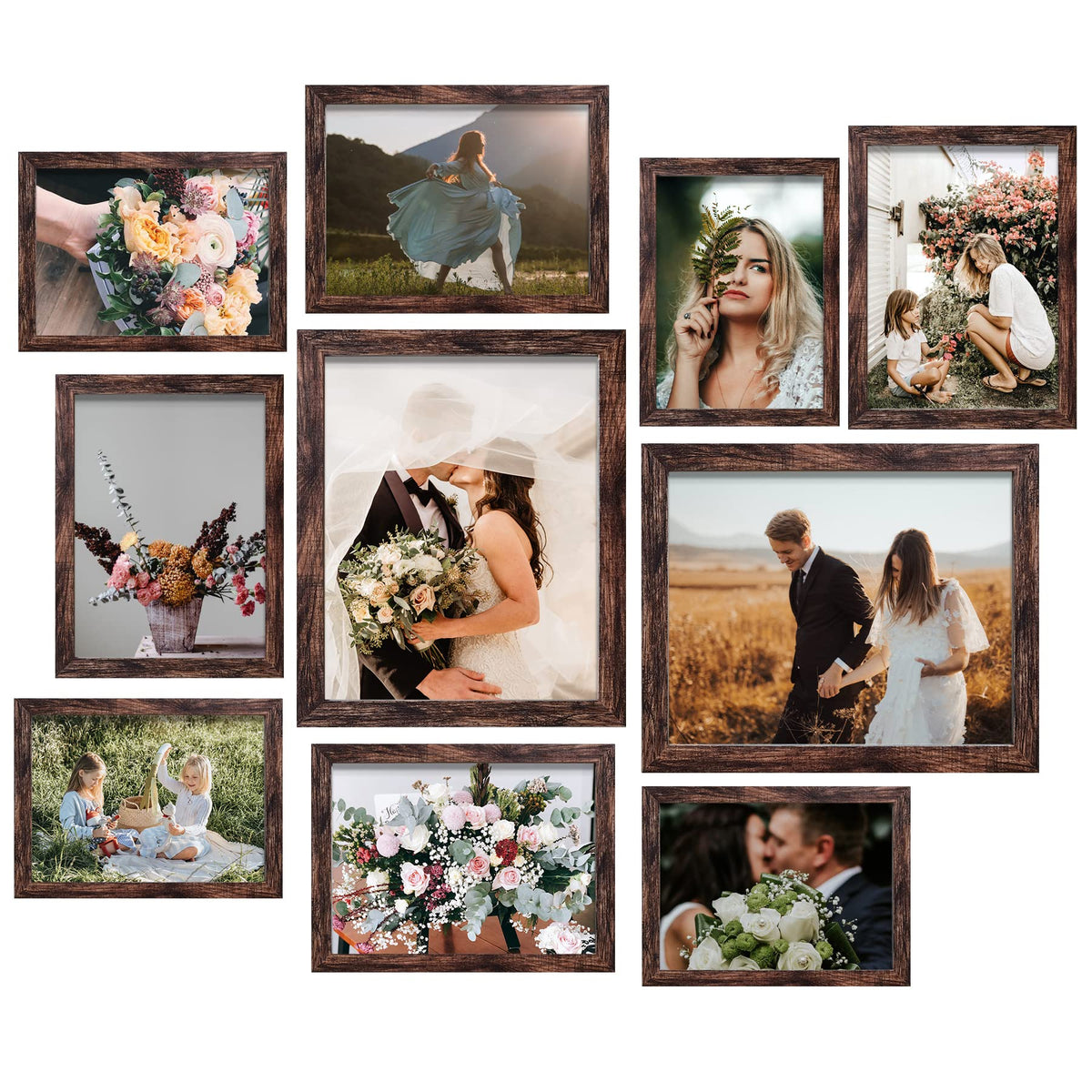 LUCKYLIFE 8x10 wall frame in brown showcases vibrant memories on a modern gallery wall.