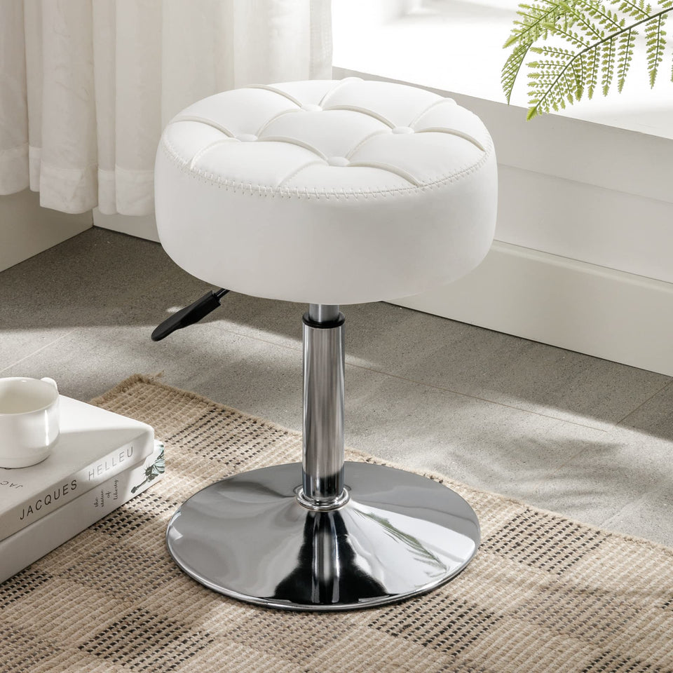 LUE BONA adjustable vanity stool showing height control and 360° swivel for flexible setup
