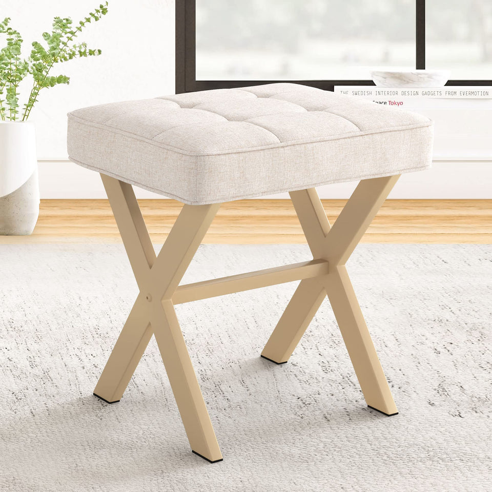 LUE BONA square linen makeup stool base provides sturdy vanity seating.