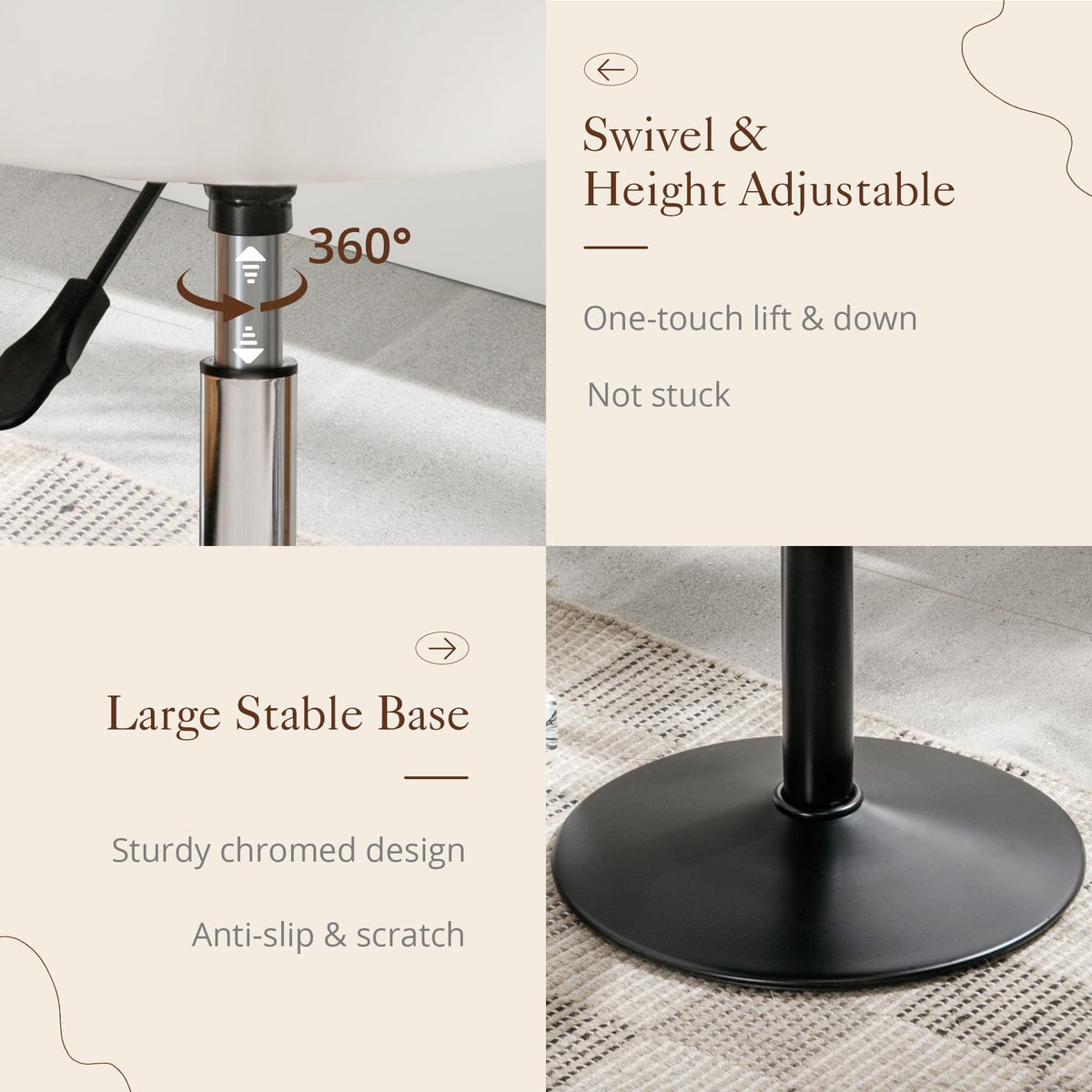 LUE BONA stool features rubber ring to protect floors and prevent slipping