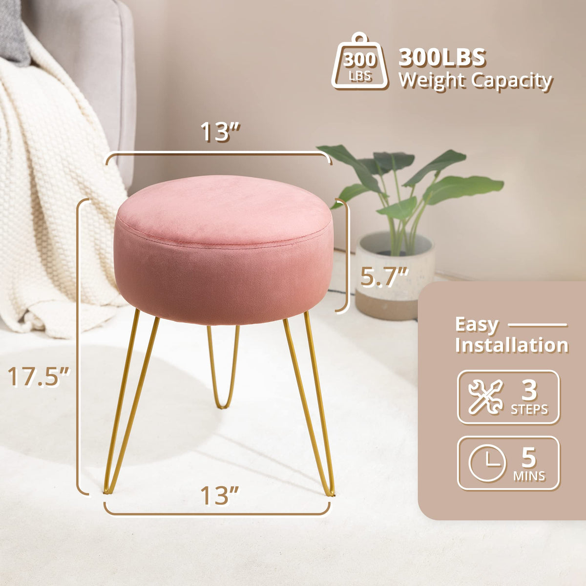 LUE BONA vanity stool serves as footrest or ottoman in small spaces