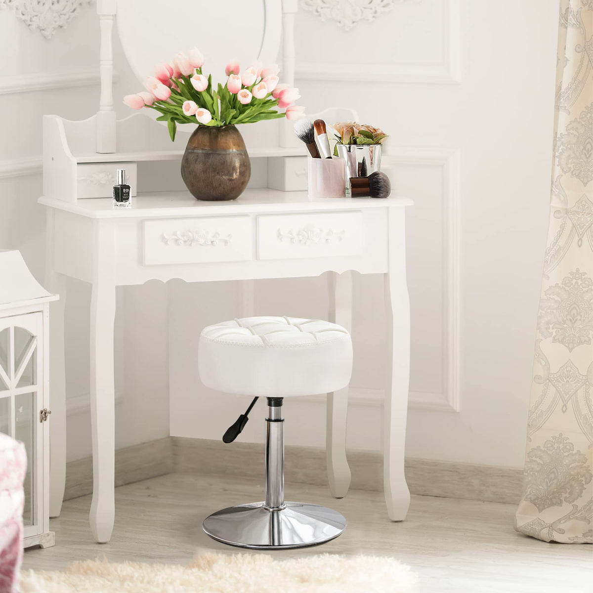 LUE BONA white faux leather vanity stool ready for makeup or desk use
