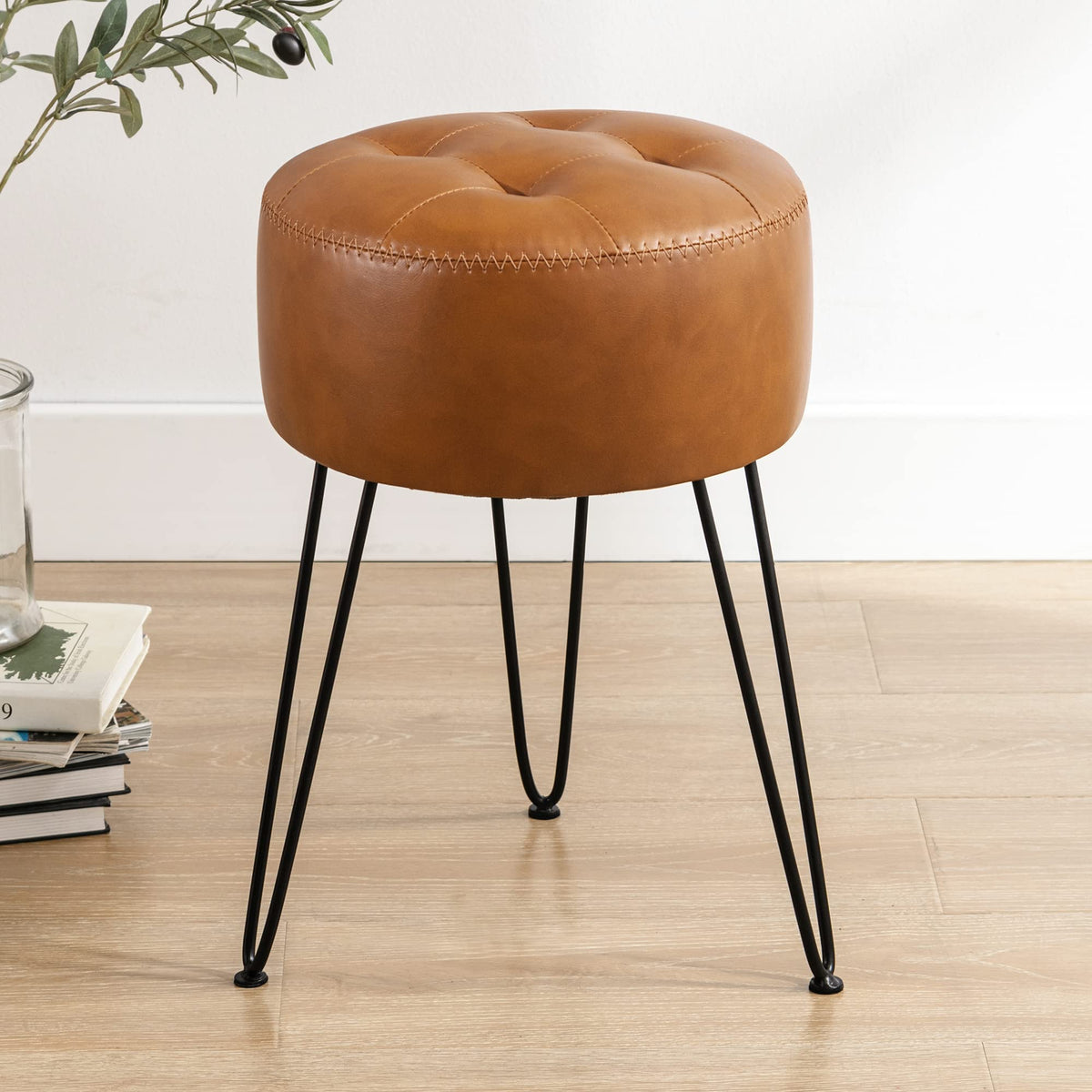LUE BONA faux leather vanity stool in brown with a durable base for daily use.