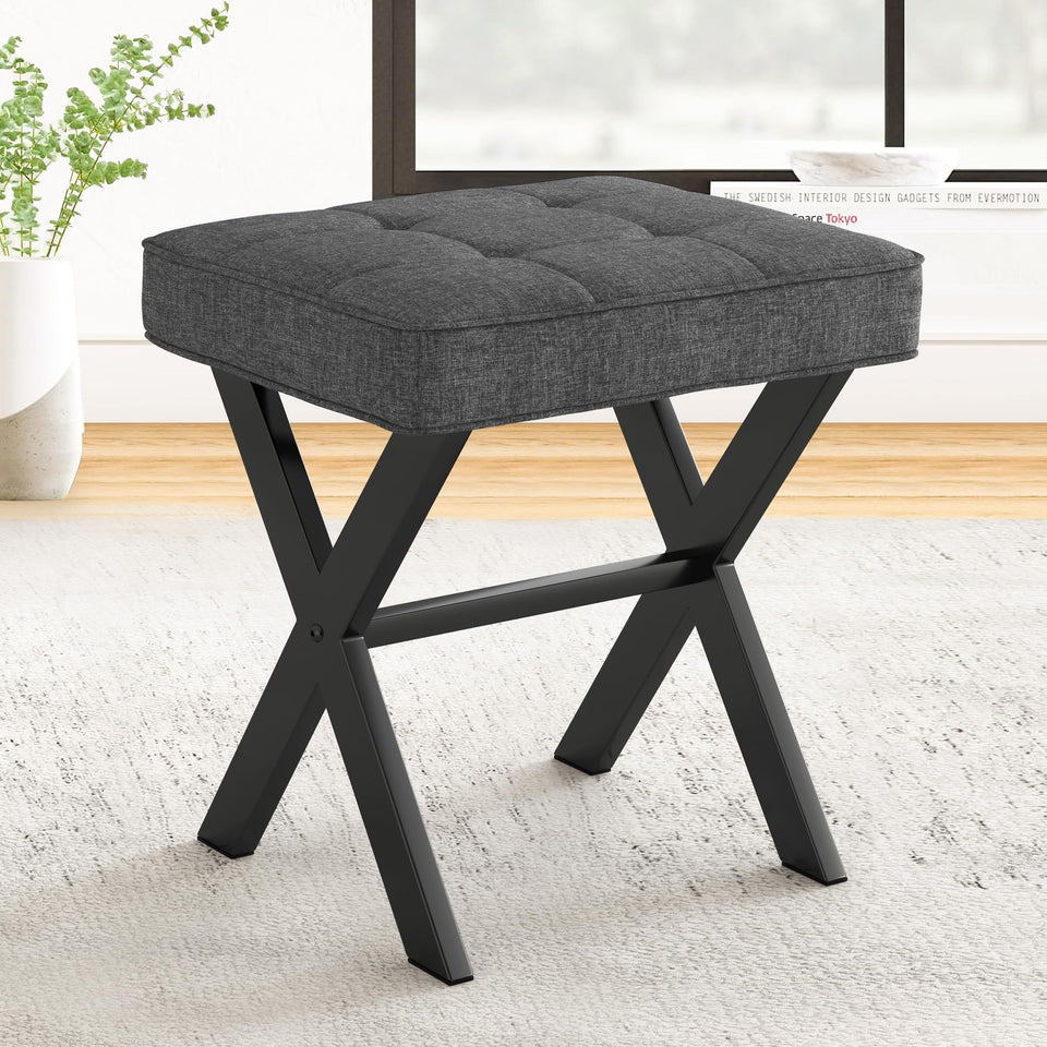 LUE BONA vanity stool, front angle, square linen seating for sleek vanity spaces