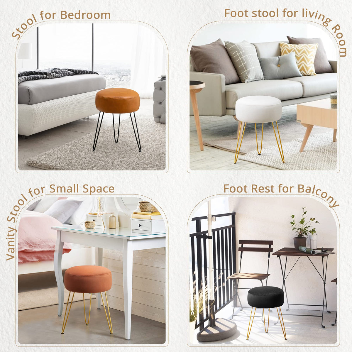 LUE BONA vanity stool with three gold legs provides sturdy, stable support