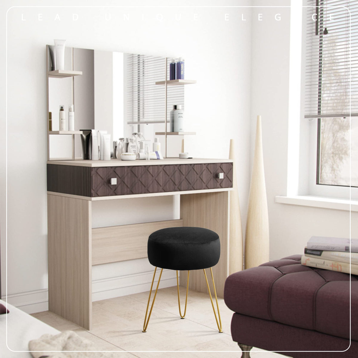 LUE BONA vanity stool with three gold legs provides stable support on smooth floors.