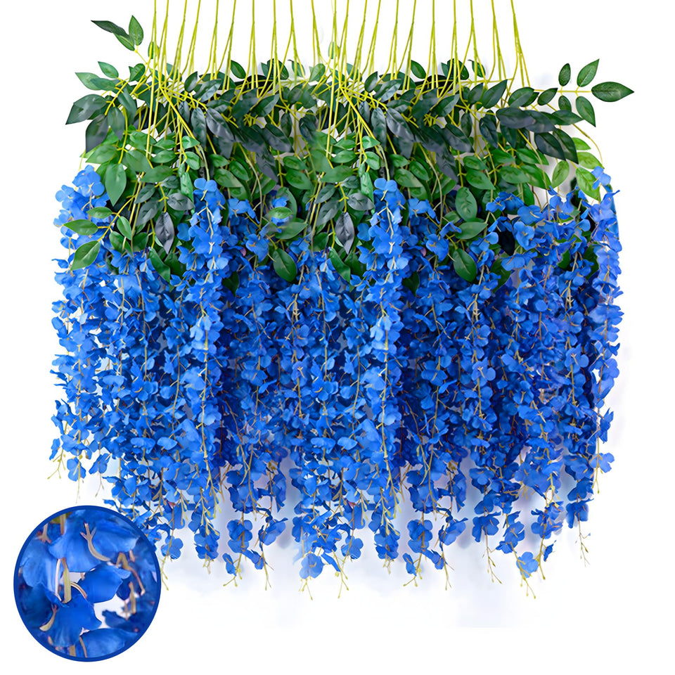 Luerbi royal blue wisteria garland used as an outdoor backdrop with vibrant color