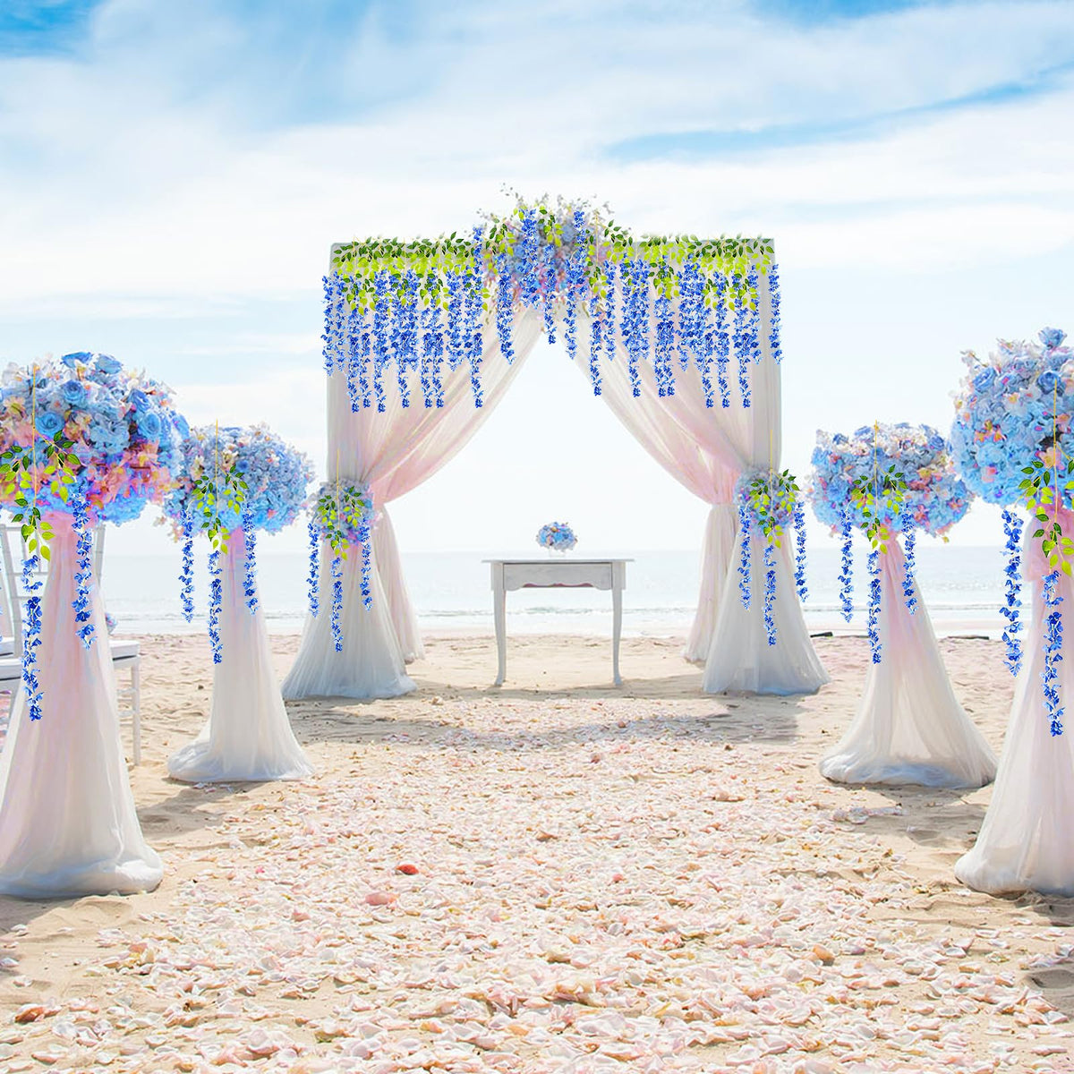 Luerbi royal blue wisteria garland creating a wedding party backdrop