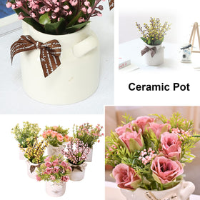 LUEUR artificial-flower close-up with porcelain pot, highlighting premium craftsmanship for shelf styling.