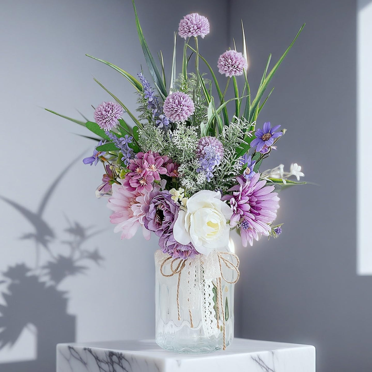 LUEUR artificial flowers vase side view highlights resilient faux blooms for long-lasting table decor.