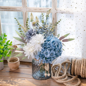 LUEUR blue dahlias hydrangea arrangement adds vibrant color to living spaces