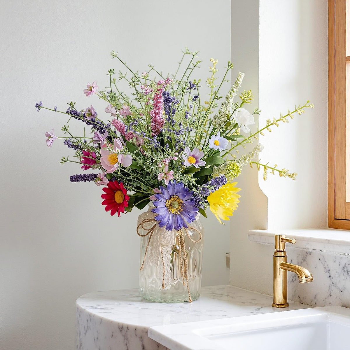 LUEUR glass vase with twine accent and eucalyptus greenery