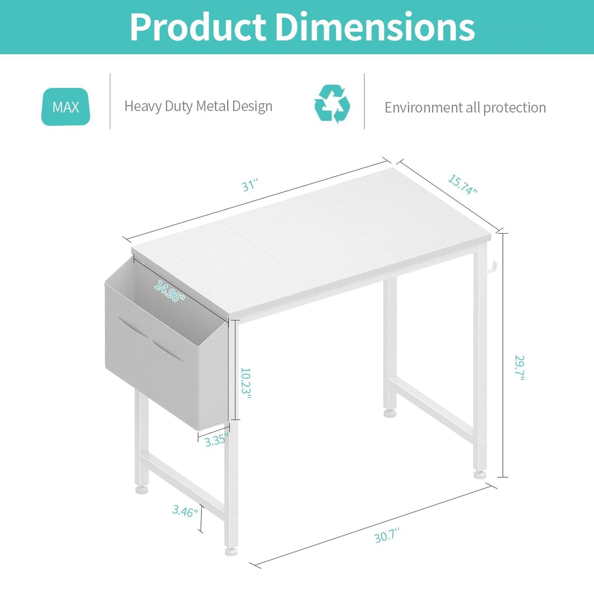Lufeiya desk with removable storage bag and two hooks for organization