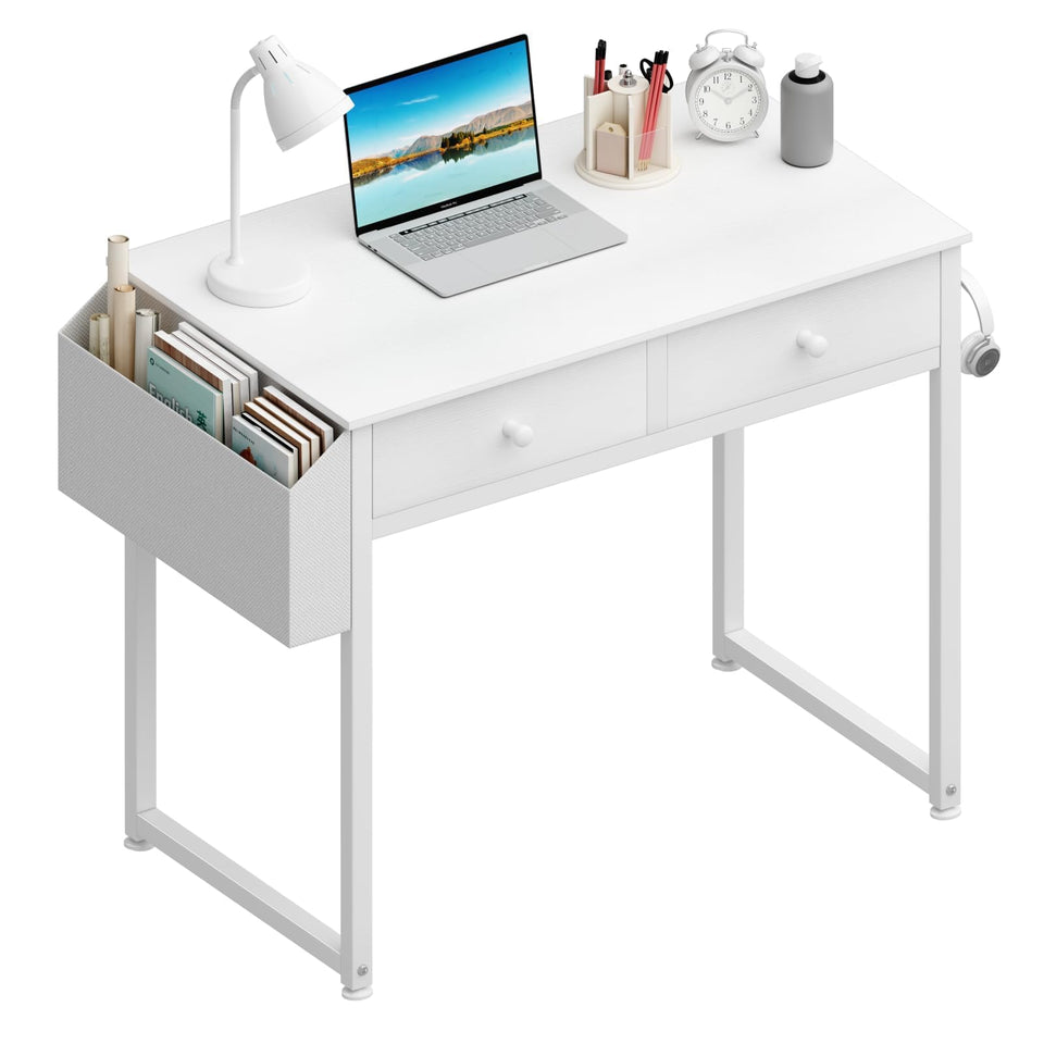 Lufeiya small white kids desk with drawers front view showing storage capacity.