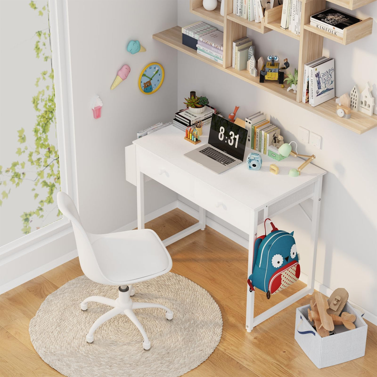 Lufeiya small white kids desk with drawers side view highlighting stability.