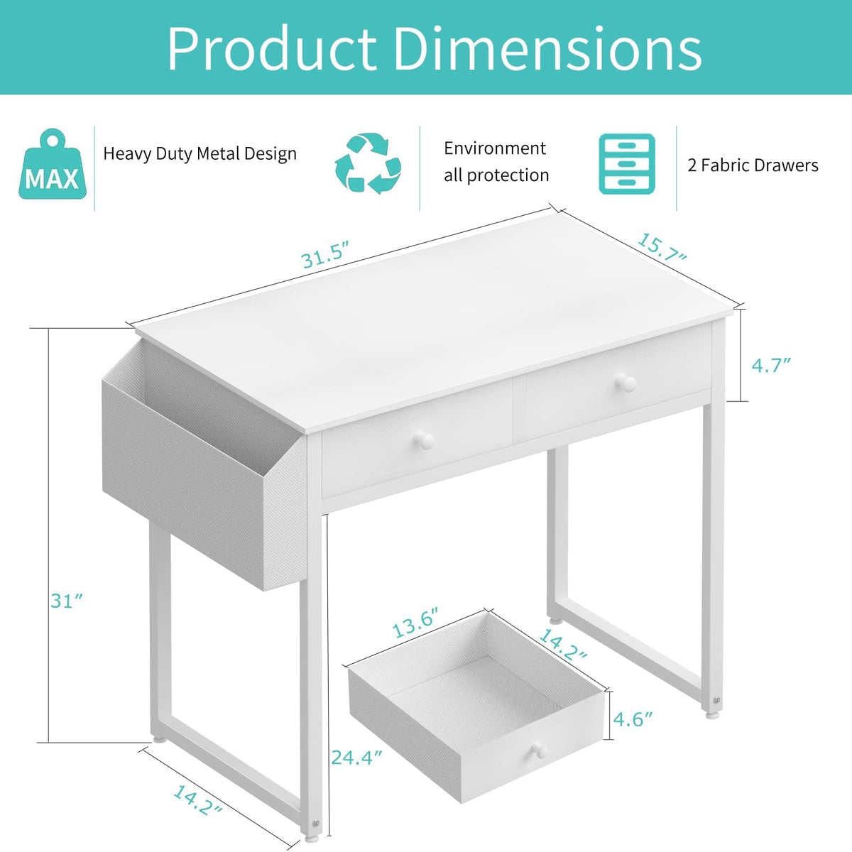 Lufeiya small white kids desk side view with storage features.