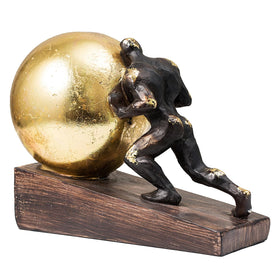 Lukitas Sisyphus sculpture gold sphere close-up highlights resin craftsmanship for chic desk decor.