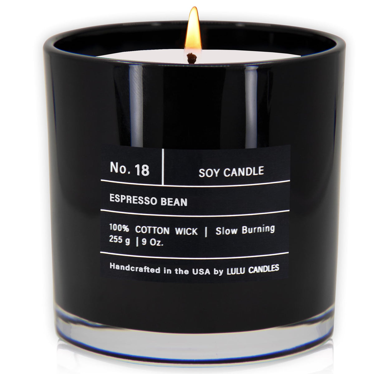 Lulu Candles Espresso Bean jar with lid off, showcasing clean burn.
