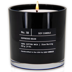 Lulu Candles Espresso Bean jar with lid off, showcasing clean burn.