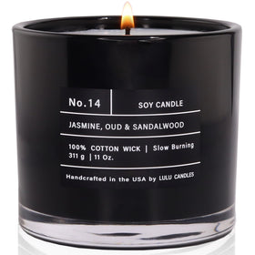 Lulu Candles Jasmine Oud Sandalwood jar candle with long-lasting fragrance.