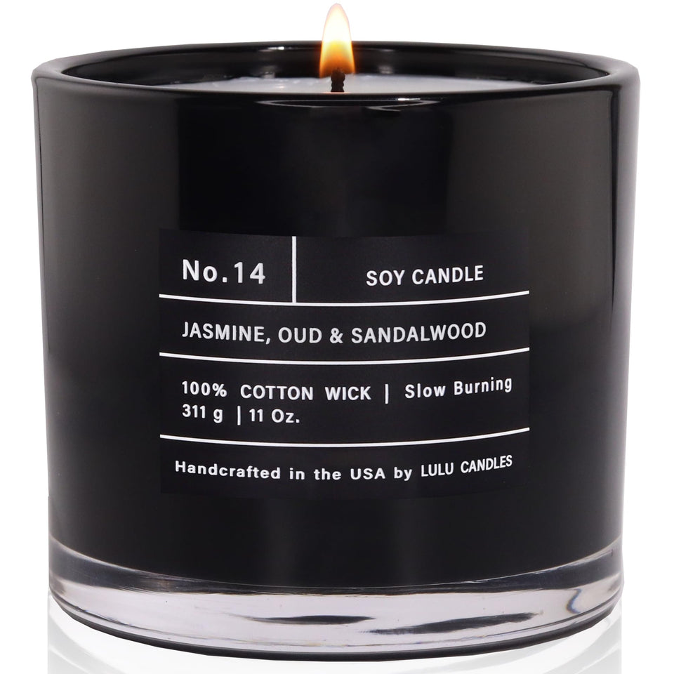 Lulu Candles Jasmine Oud Sandalwood jar candle with long-lasting fragrance.