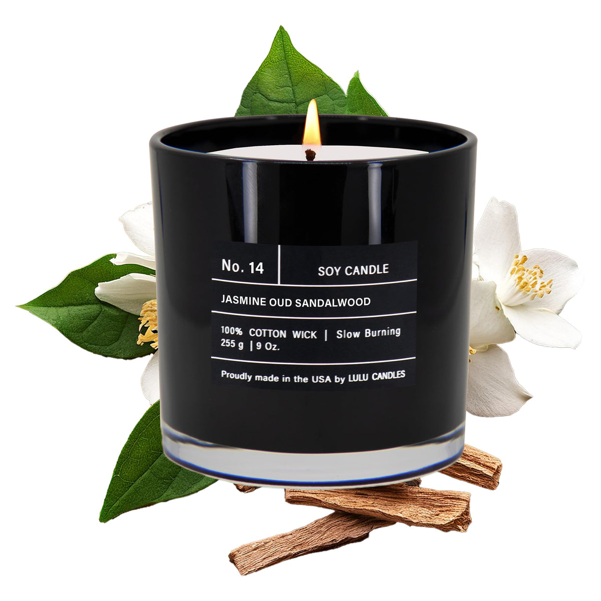 Lulu Candles Jasmine-Oud-Sandalwood jar releasing a luxurious aroma in a living room.