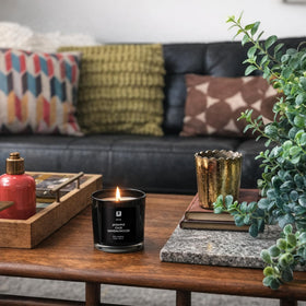 Lulu Candles Tomato & Vine on shelf adds vibrant green ambience
