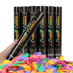 LUMAFIZZ 12-inch confetti cannon bursts multicolor confetti for celebrations.