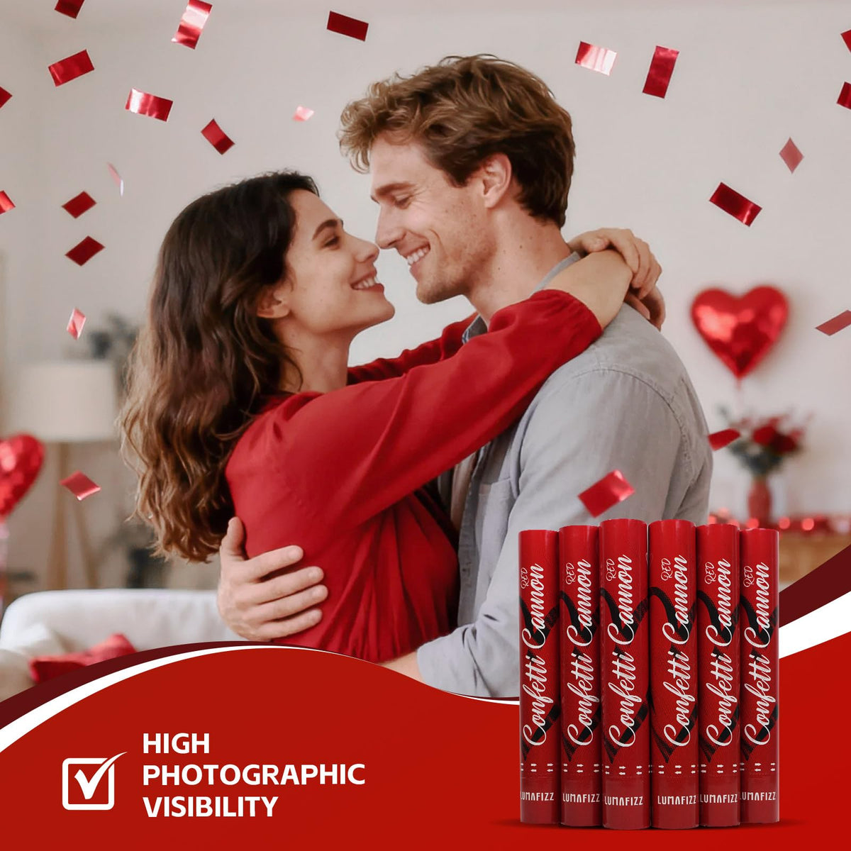 LUMAFIZZ red confetti cannon elevates graduation photos with sparkling confetti.