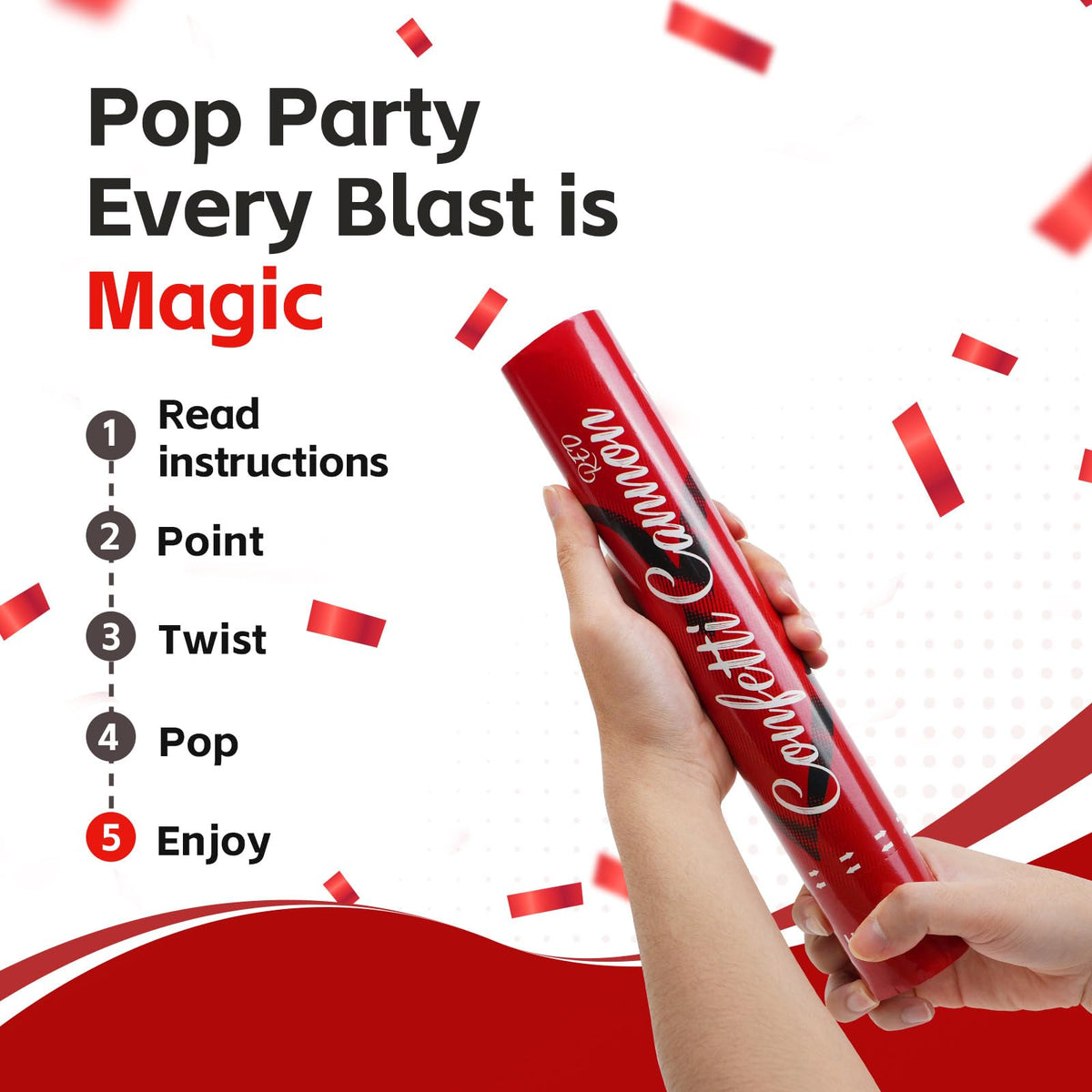 LUMAFIZZ red confetti cannon sparks a celebratory New Year countdown with color.