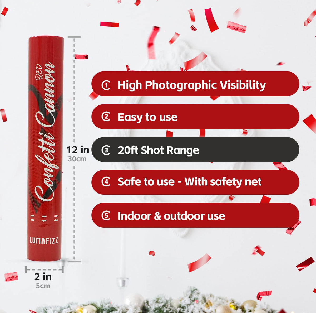 LUMAFIZZ red confetti cannon captures candid moments during celebrations.