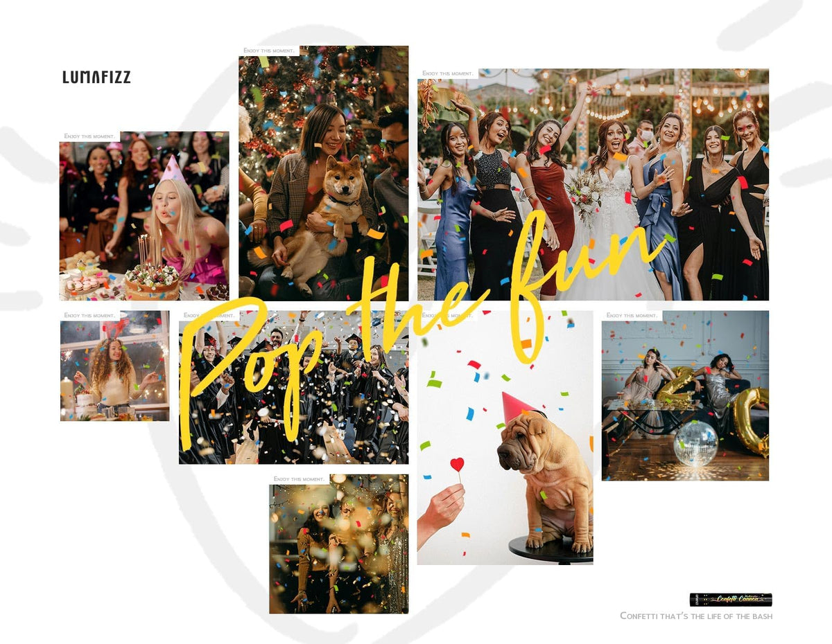 LUMAFIZZ six-pack ready-to-use confetti cannons for hassle-free parties.