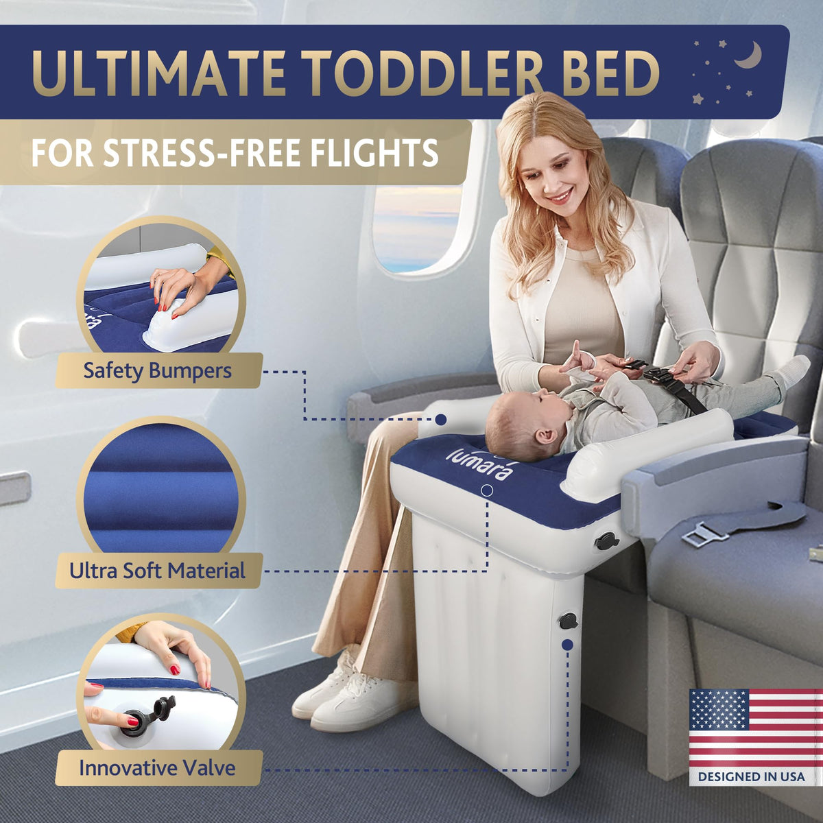 Lumara toddler bed on airplane with no pump setup.