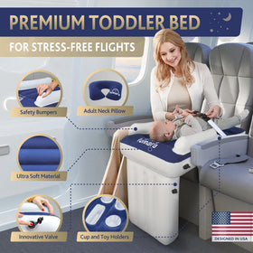 Lumara Premium Toddler Airplane Bed safety belt secures a child on longer flights