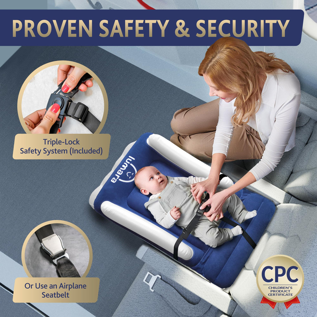 Lumara travel bed secured with safety belt on seat.