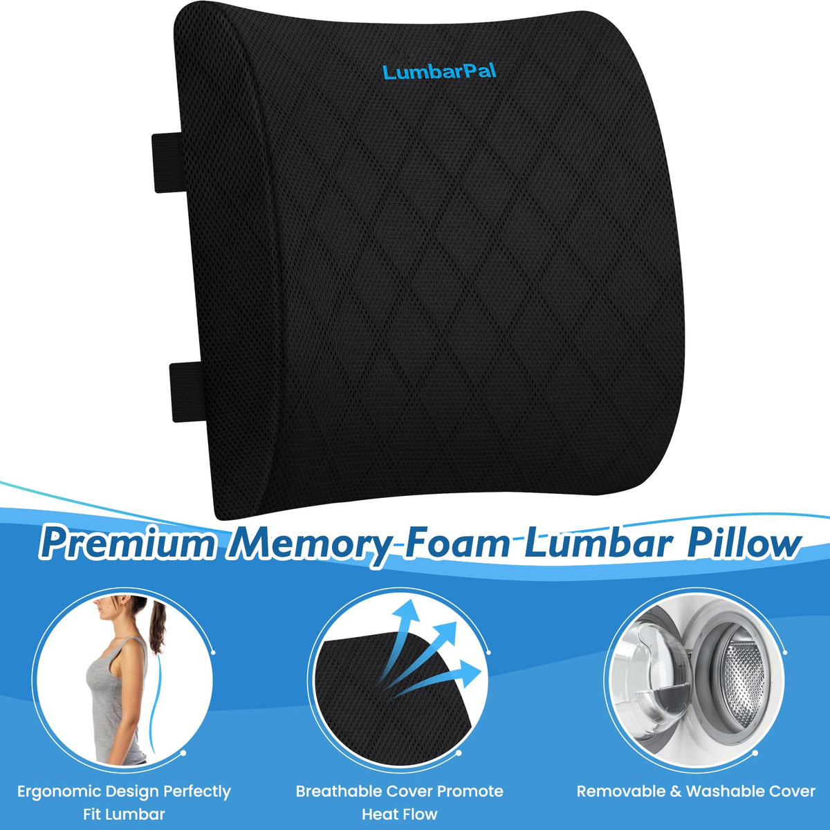 LumbarPal adjustable straps securing pillow to a car seat for a secure fit