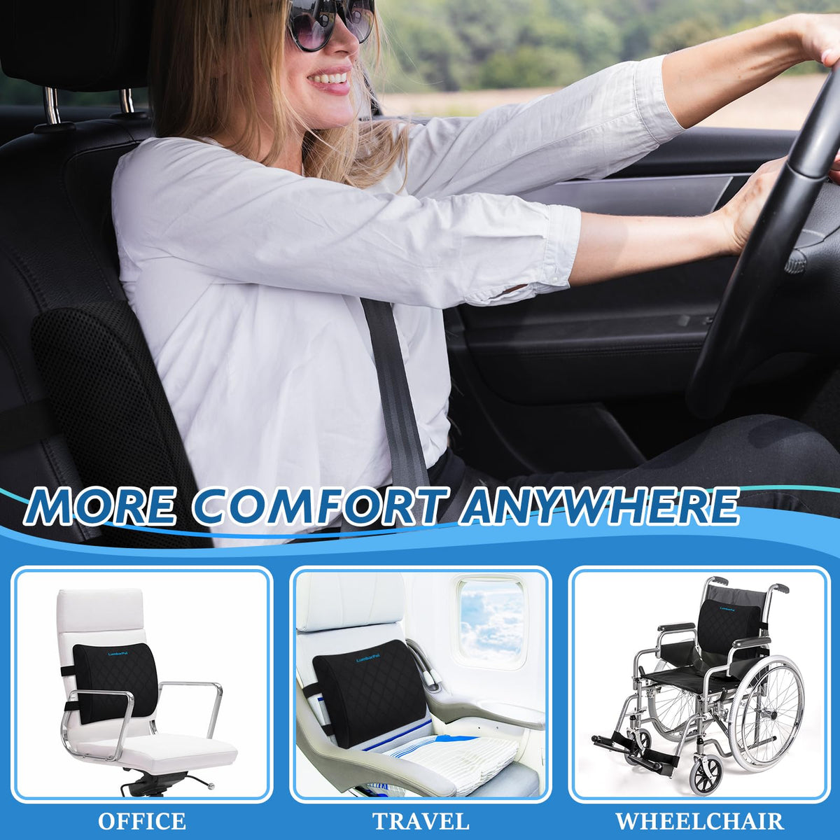 LumbarPal pillow installed in car interior for quick comfort during drives