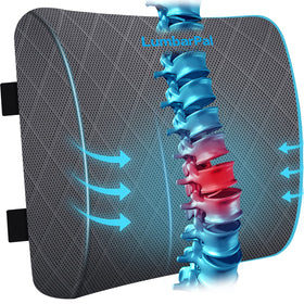 LumbarPal memory foam lumbar pillow on an office chair, offering supportive contouring.